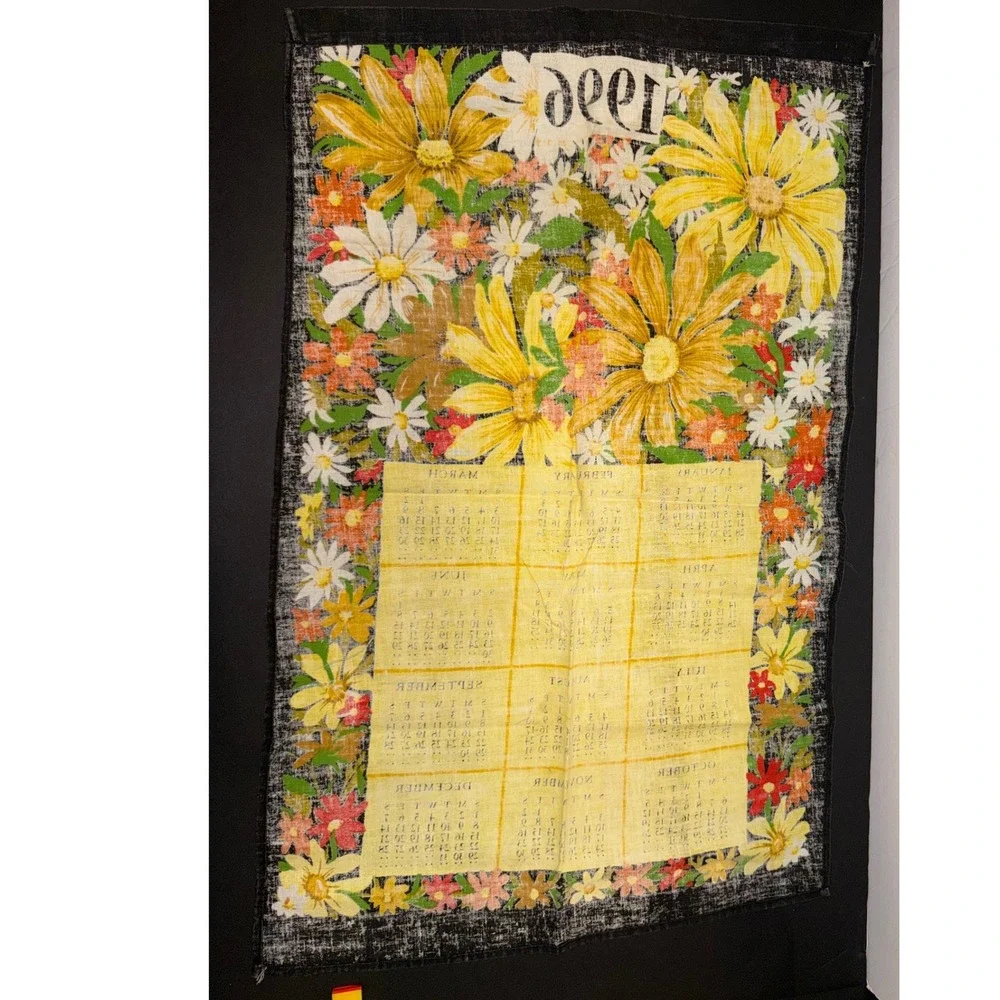 Vintage 1996 Calendar Tea Towel Floral Daisy Black Yellow Linen Wall Decor